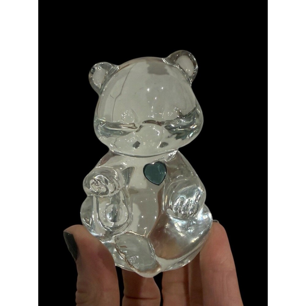 Fenton Clear Glass Birthstone Bear Blue Heart Sculpture Paperweight Dec Sept